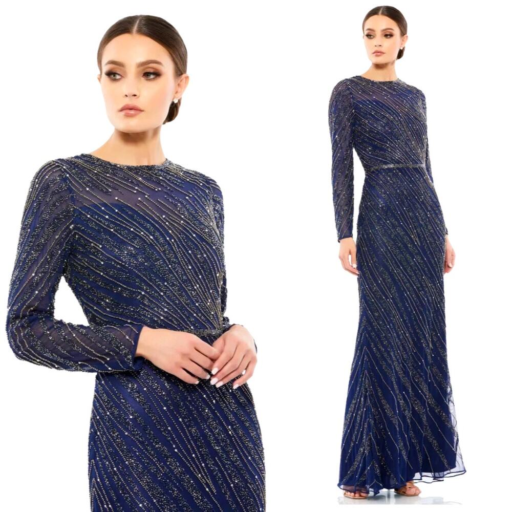 Mac Duggal Navy and Gold Beaded Gown